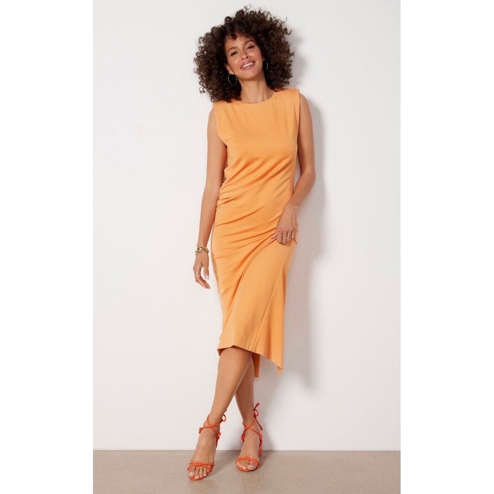 Evereve‎ Zoe Strong Shoulder Dress Tangerine Orange Ruched Midi Medium